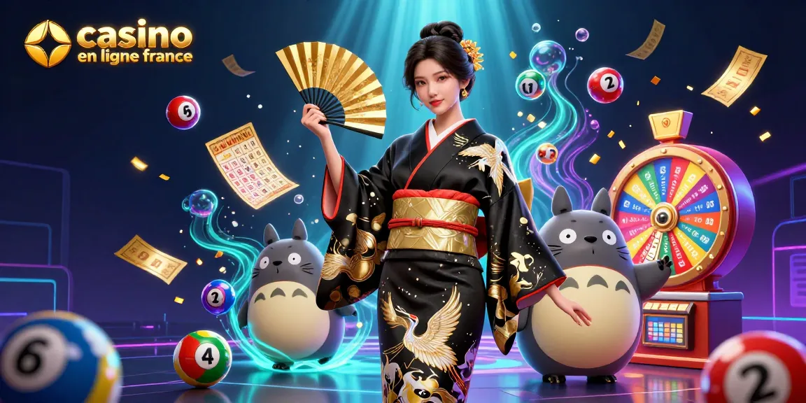 Scène engageante mettant en avant un casino en ligne France vibrant avec un personnage japonais traditionnel et des éléments de loterie dynamiques.