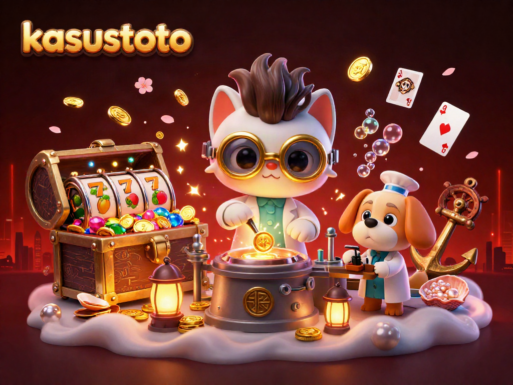 Kasustoto permainan kasino menyenangkan dengan karakter kartun 3D dan mesin pembuatan koin emas.