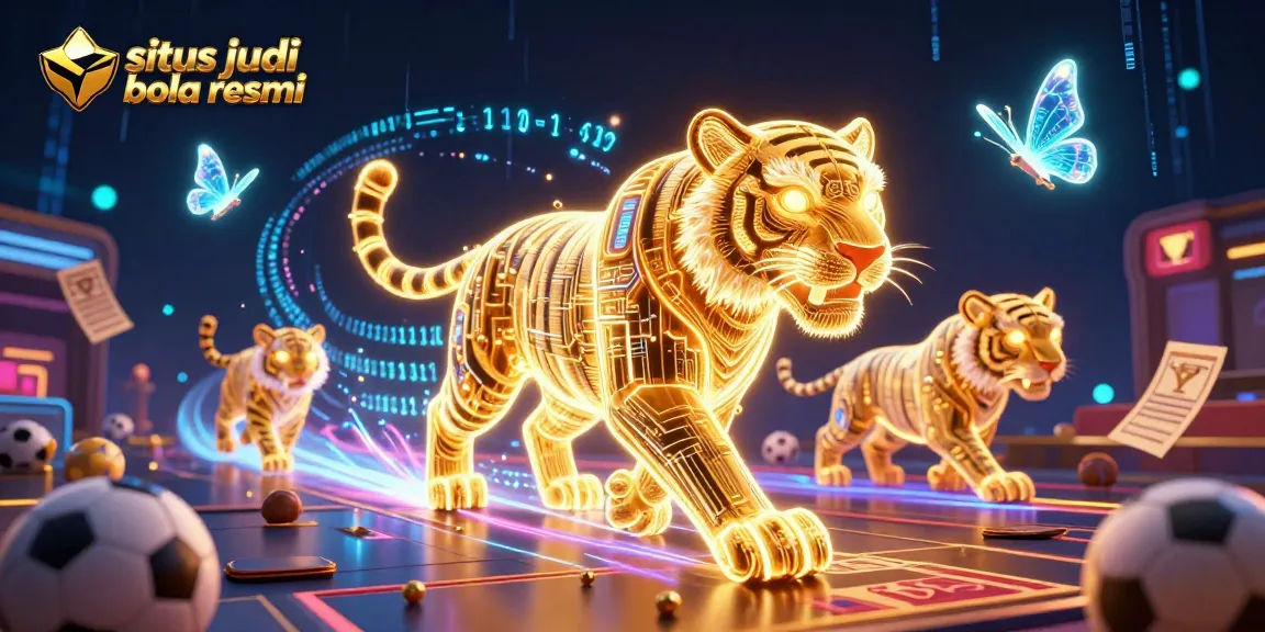 Bet on situs judi bola resmi: A dynamic 3D casino scene with a glowing tiger and sports betting elements.
