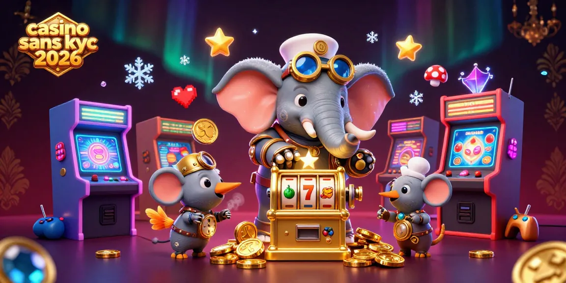 Jouez sur un casino sans KYC 2026 avec un éléphant steampunk et des machines à sous colorées.