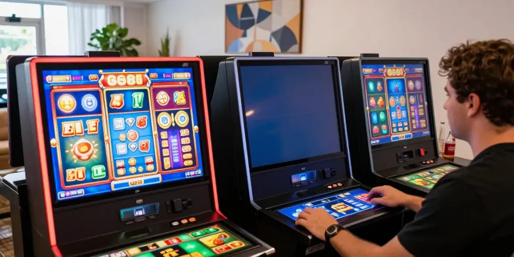 Person playing slot games on SAMSONBET86 app, vibrant casino atmosphere