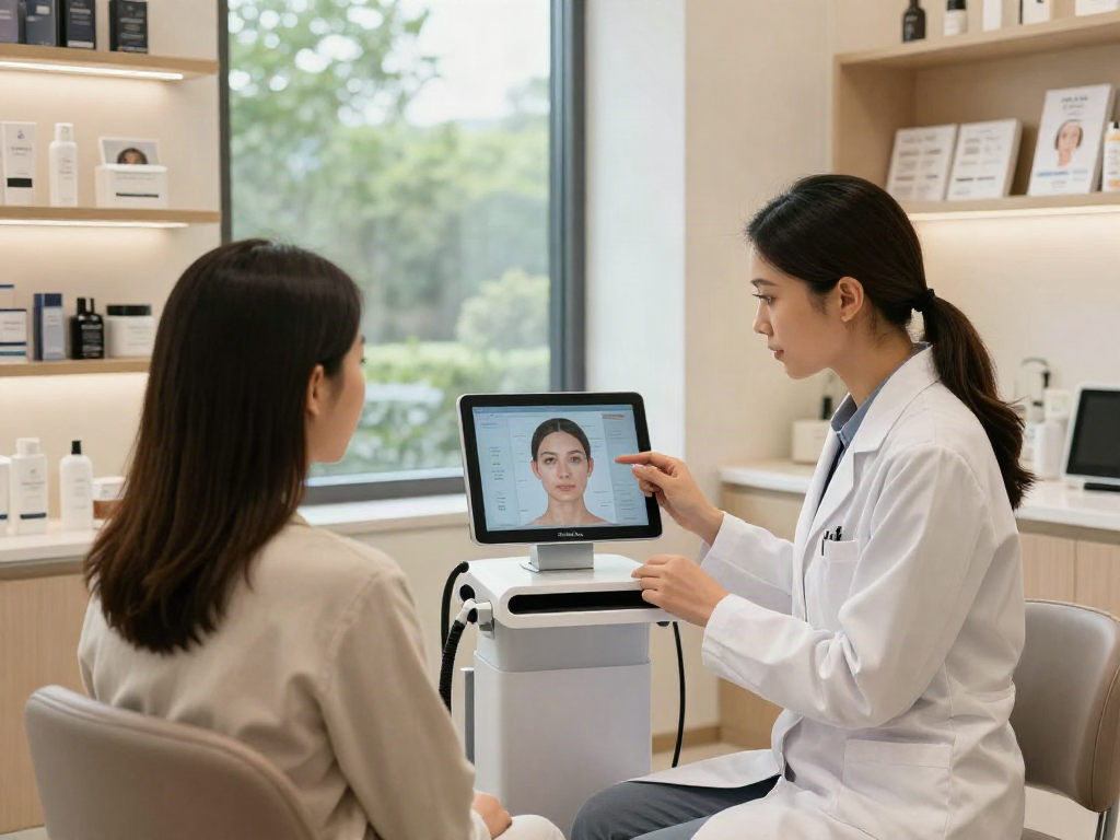 Facial analysis consultation with ClinicEvo vs QOVES insights in a modern clinic setting.