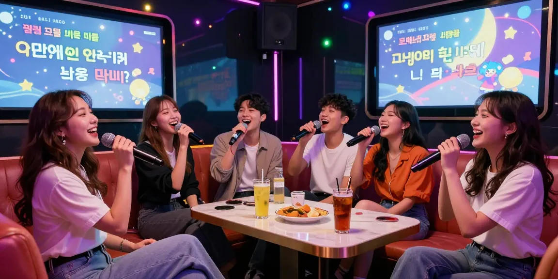 Vibrant karaoke scene in 강남노래방 with friends singing, colorful lights, and joyful atmosphere.
