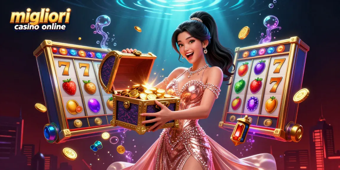 Migliori casino online che mostrano una donna asiatica felice che rivela un baule del tesoro con oro, circondata da elementi vivaci di giochi di slot.