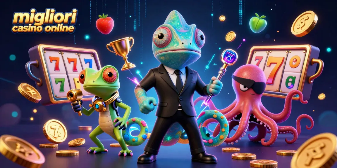 Interagisci con i migliori migliori casino online attraverso un'epica illustrazione 3D con elementi di slot colorati e personaggi dinamici.