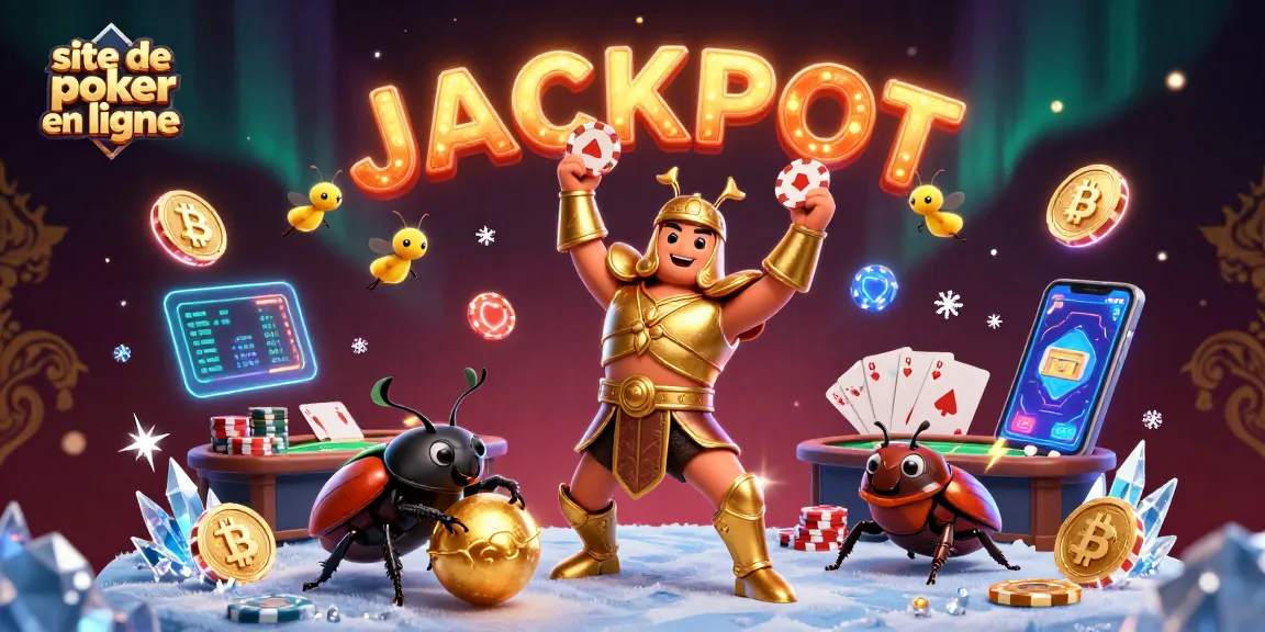 Gagnez au site de poker en ligne avec une illustration 3D d'un scarabée en armure gagnant un chip de poker