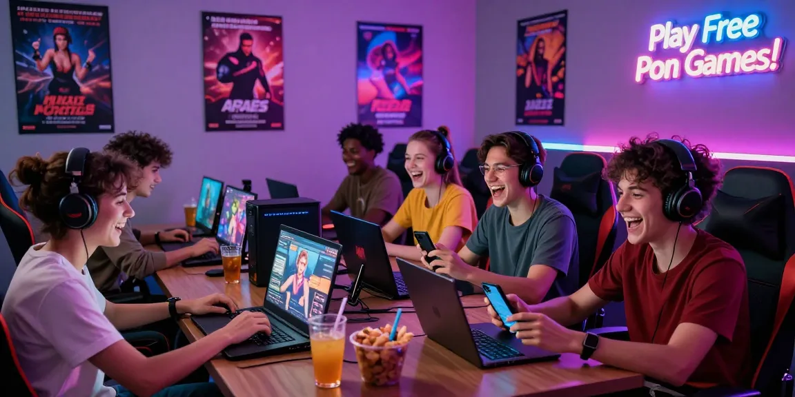 Group enjoying porngames in a vibrant online gaming lounge with diverse devices.
