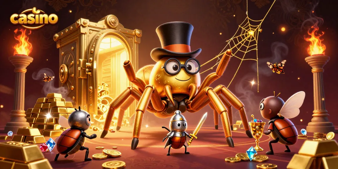 Engage in casino adventures with a golden tarantula and beetle knight in this vibrant illustration.