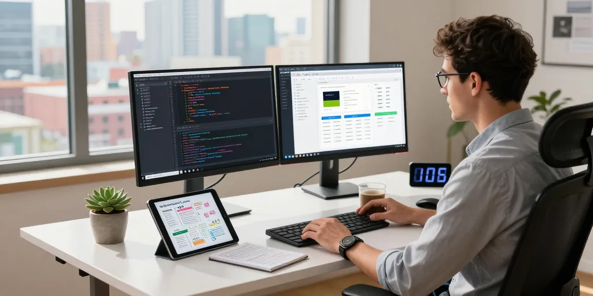 Tech entrepreneur at a modern workspace coding on telegraimin.com with dual monitors and urban skyline.