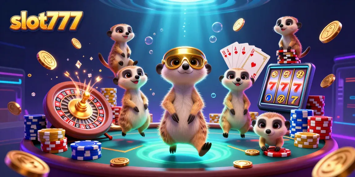 Experience the thrilling gameplay of slot777 with energetic meerkats in a vibrant casino atmosphere.