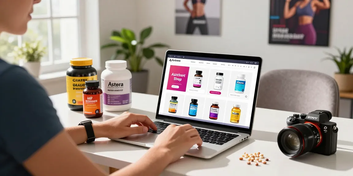 Person browsing Astera Shop for steroids in modern workspace, showcasing health products.