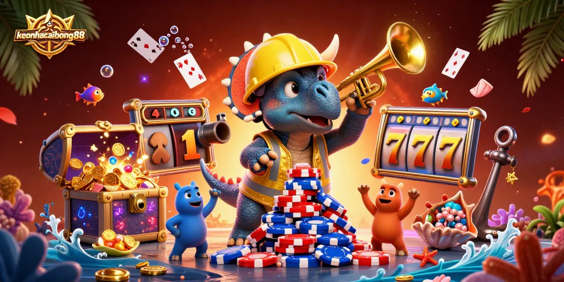 Experience keonhacaibong88 as a vibrant cartoon scene with a triceratops building poker chip pyramids.
