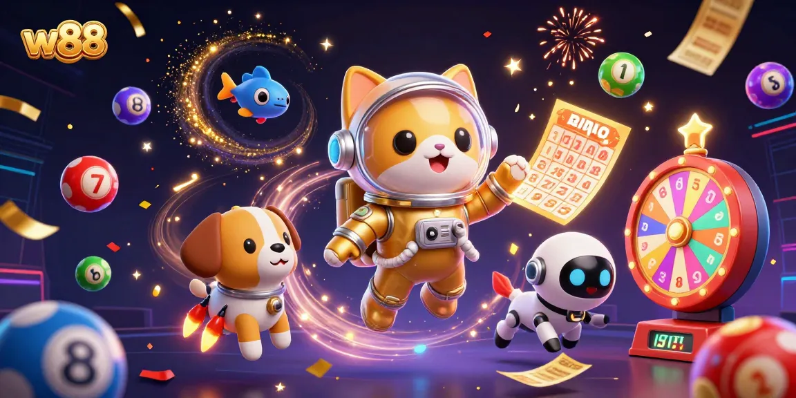 Các trò chơi tại W88 với chú mèo phi hành gia và chó robot trong không gian đầy màu sắc, đưa người chơi vào thế giới cá cược thú vị.