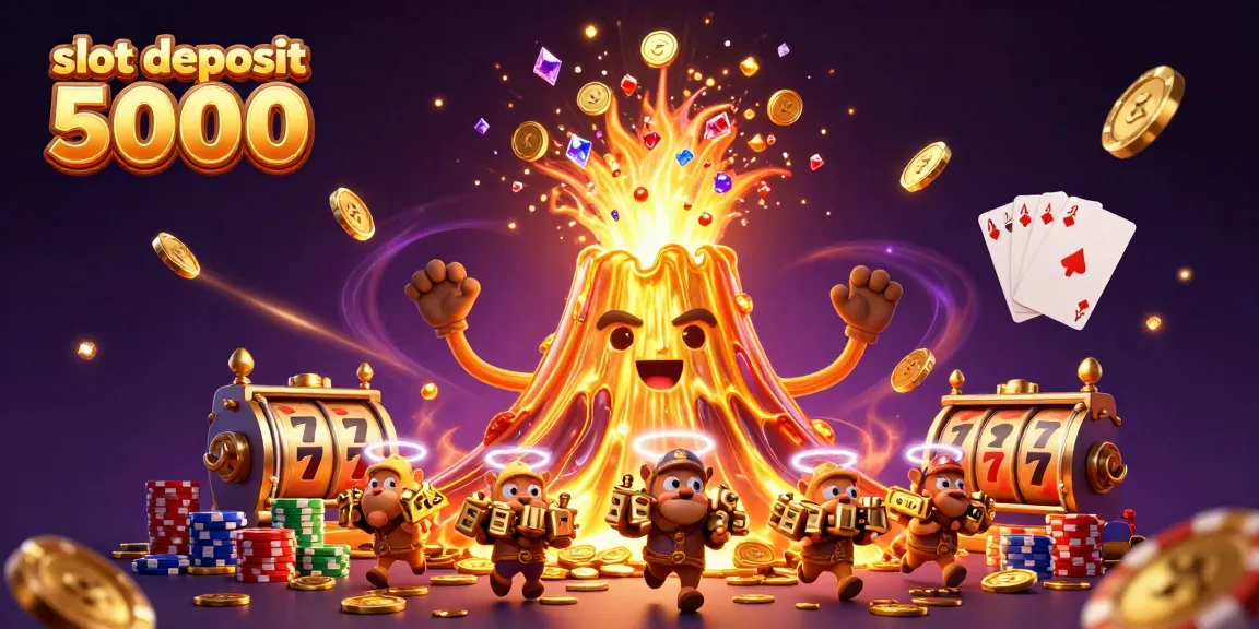 Slot deposit 5000, simbolisasi kemenangan dengan ledakan gunung emas dan harta melimpah.