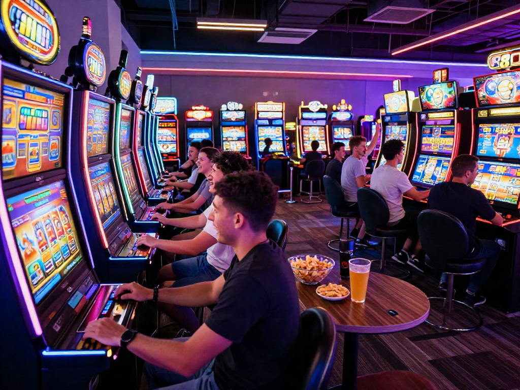 Experience the thrilling atmosphere of slot88 gaming with friends in a vibrant arcade setting, filled with excitement and colorful machines.