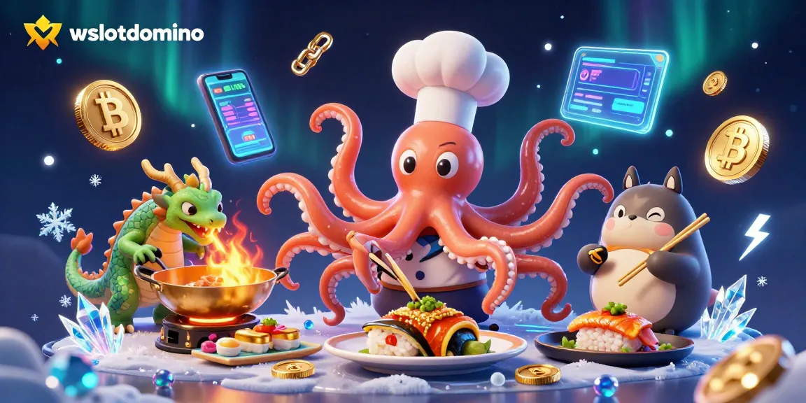 Menjelajahi keseruan wslotdomino dengan ilustrasi 3D yang menampilkan koki sushi gurita yang mempersiapkan hidangan emas, disertai naga wasabi yang menghembuskan api dan pelanggan tanuki menggunakan s