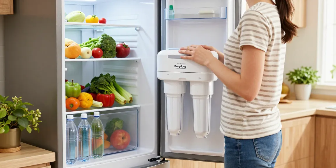 Replacing the Overbest UKF8001 Replacement for EveryDrop by Whirlpool Refrigerator Water Filter 4 in a bright kitchen.
