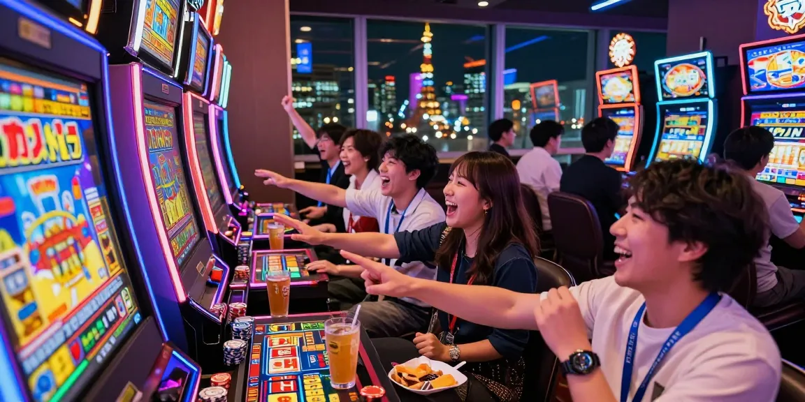 Friends enjoying slot jepang games in a lively casino setting, showcasing vibrant atmosphere.