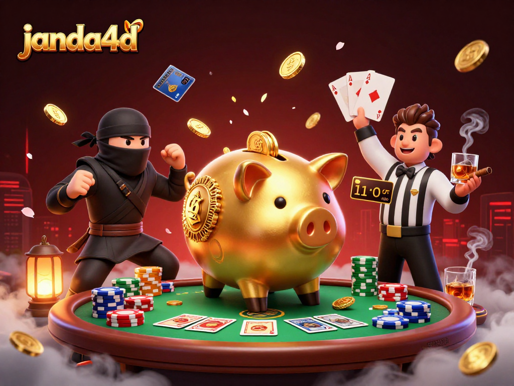 Taruhan menarik di janda4d dengan aksi kasino dikelilingi tumpukan chip dan kartu poker.