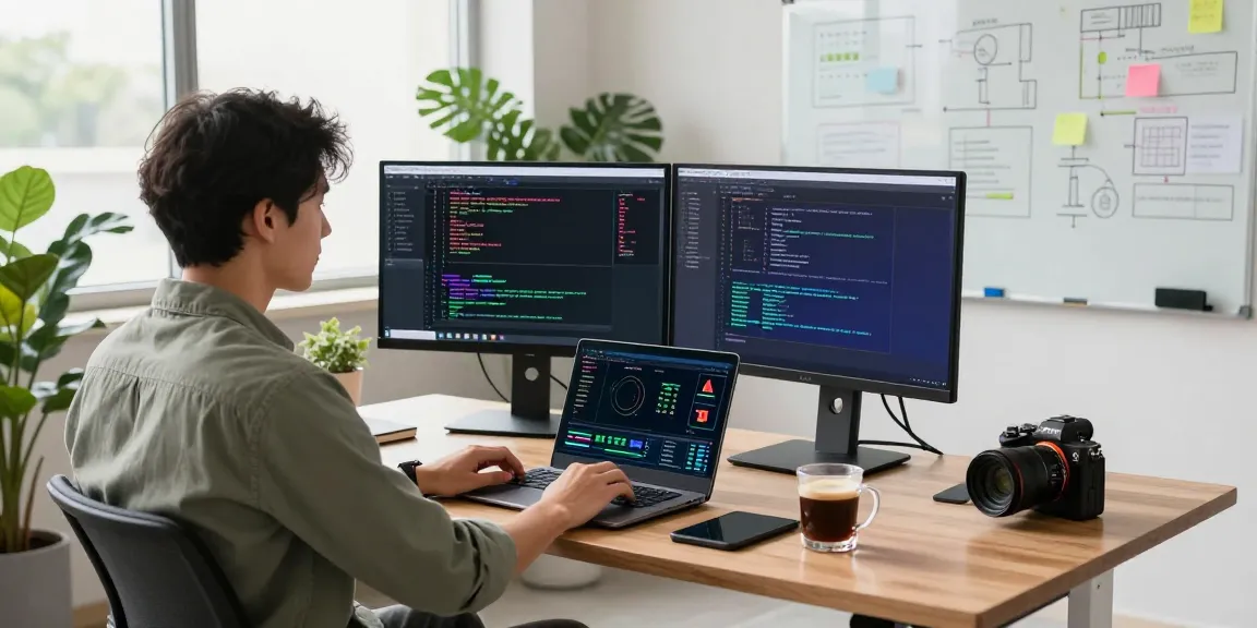 快连 application showcased in a modern tech workspace, with vibrant code on monitors and a developer in focus.