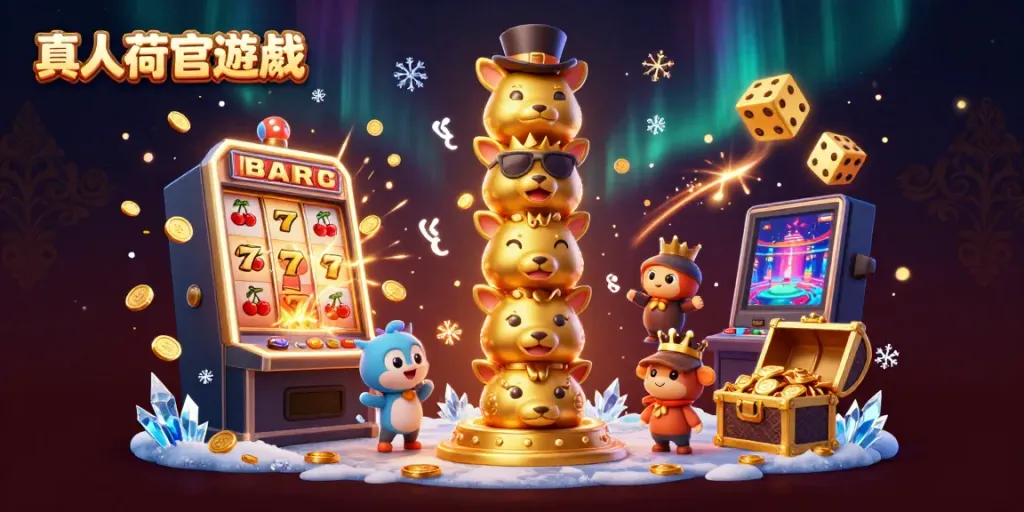 Engage with 真人荷官遊戲 in this vibrant 3D scene featuring animated totem pole and casino elements.
