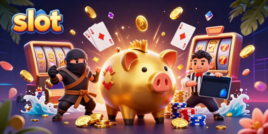 Engage in exhilarating moments playing slots with a dynamic scene featuring vivid characters and casino elements.