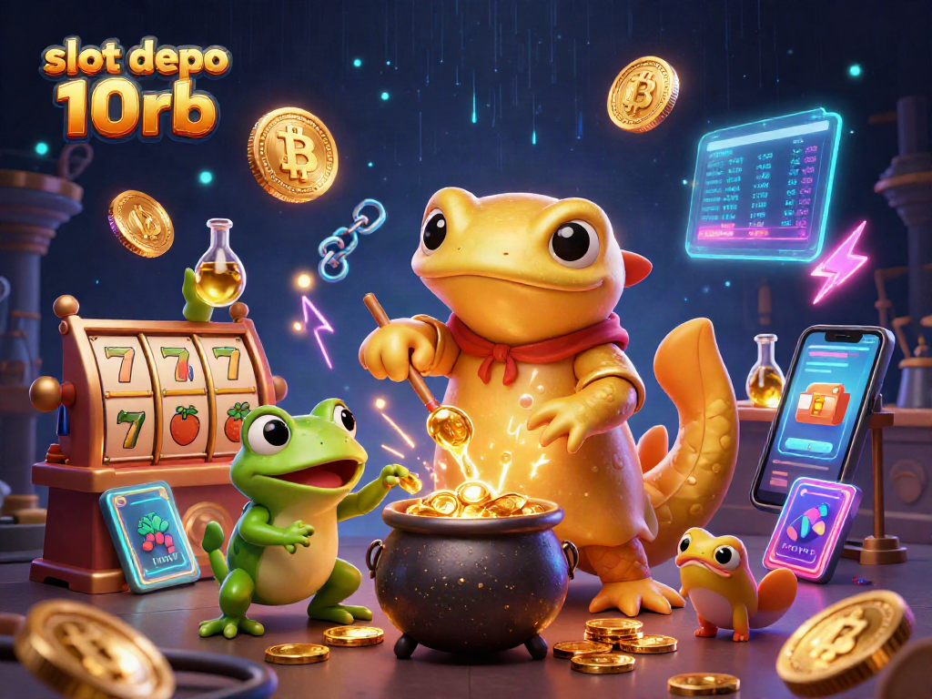 Spin the reels with slot depo 10rb while golden alchemists conjure winning coins in a vibrant casino scene.