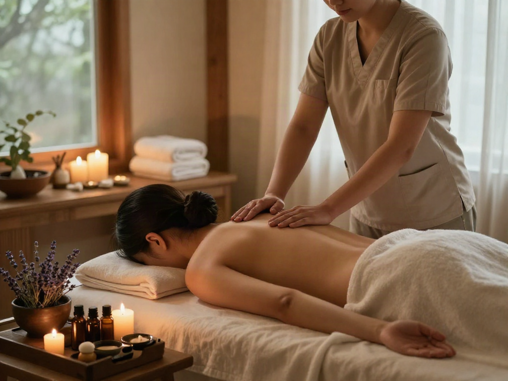 Experience a calming 강남출장마사지 in a serene home spa with candles and herbs.