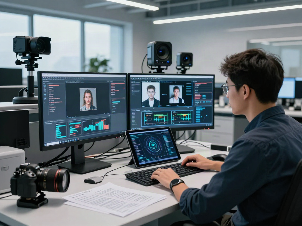 AI Image Detection analysis in a modern cybersecurity lab with scientists examining AI-generated images.