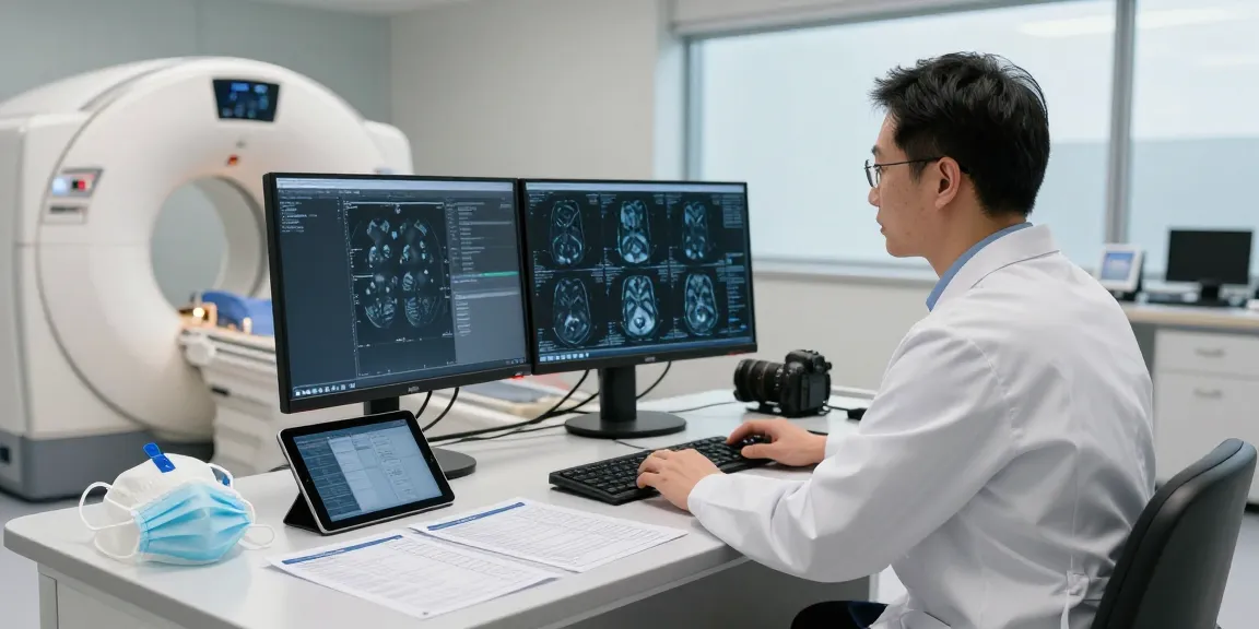 Radiologist at https://radiologyexplained.com analyzing MRI scans in a modern lab.