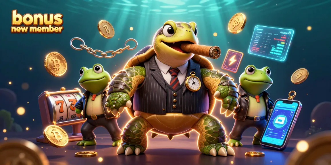 Win bonuses with bonus new member graphics featuring a mobster turtle and vibrant casino elements