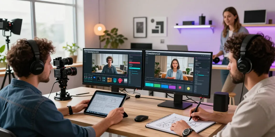 Creative professionals using seedance 2.0 in a modern video production studio, highlighting collaboration and advanced tech.