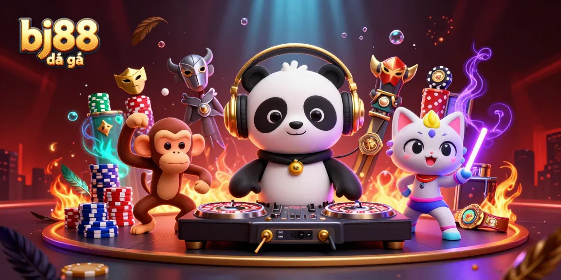 Experience the thrill of bj88 đá gà in an immersive, colorful illustration featuring a DJ panda and lively characters.