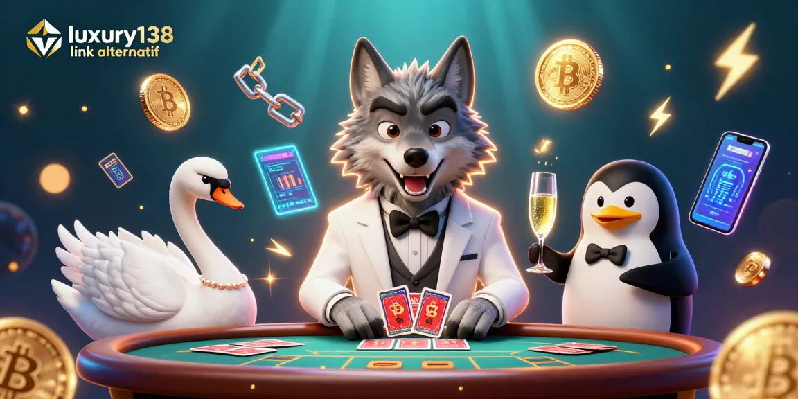 Engage with luxury138 link alternatif at a vibrant casino scene featuring a debonair wolf, elegant swan, and penguin sommelier.
