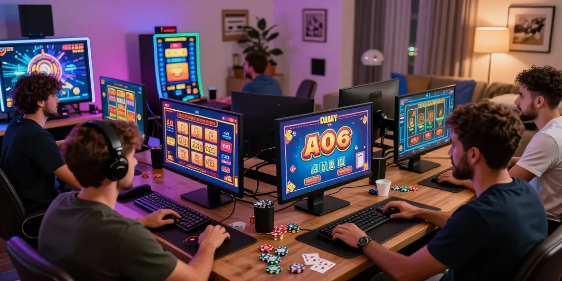 Des joueurs enthousiastes profitant de casino en ligne France à domicile, écrans illuminés et jetons éparpillés autour.