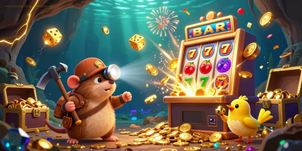 Ilustrasi mengesankan tentang rekomendasi situs permainan slot dengan karakter pengebor harta dan elemen mesin slot.