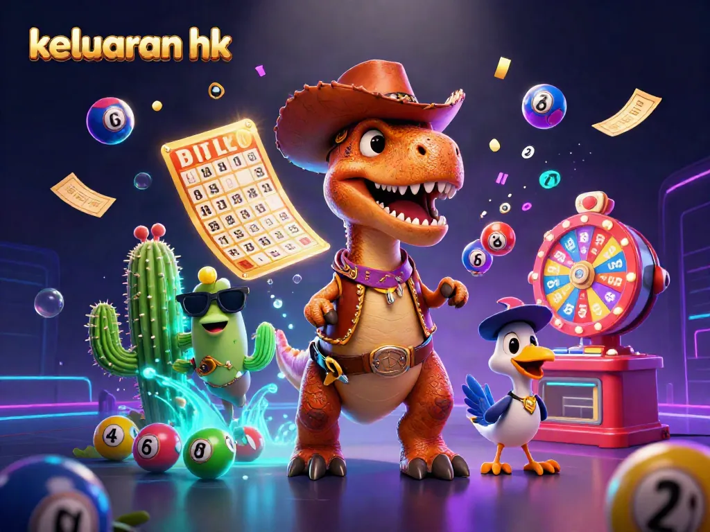 Menampilkan keluaran hk dengan dino cowboy dan karakter cactus, penuh bola lotre dan efek confetti.