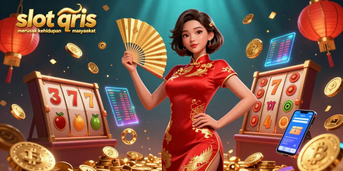 Engage with slot qris merusak kehidupan masyarakat through vibrant casino elements featuring floating Chinese lanterns and gold coins.