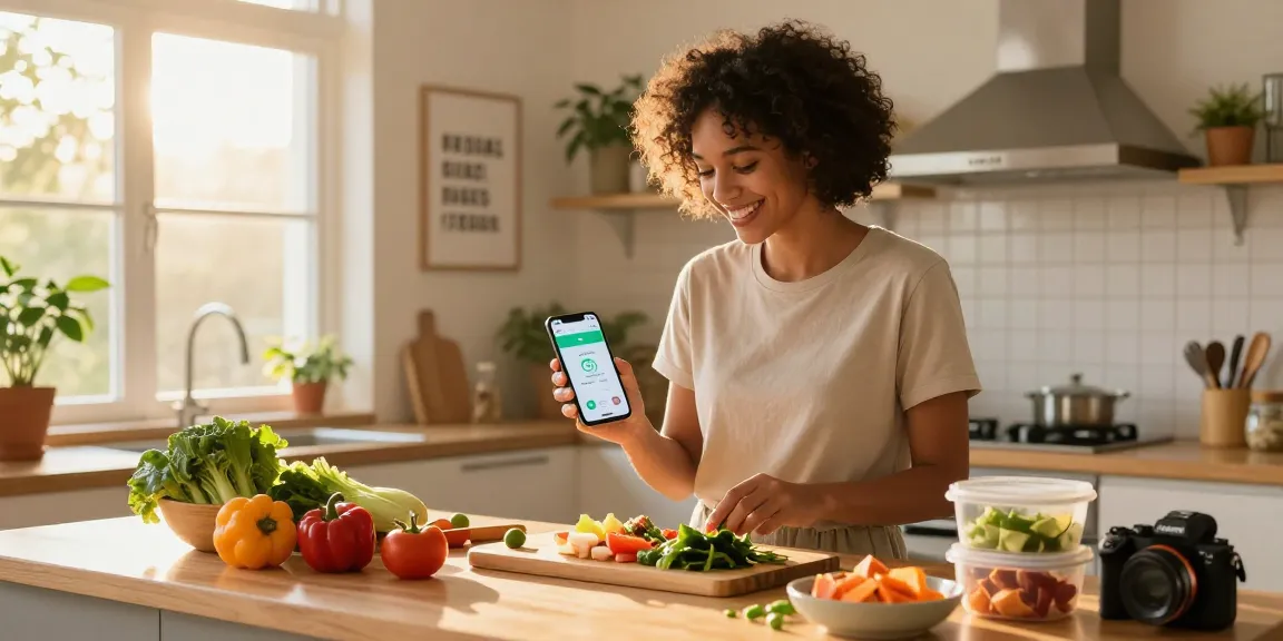 Smiling user with the best AI calorie tracker app in a modern kitchen preparing healthy meals.