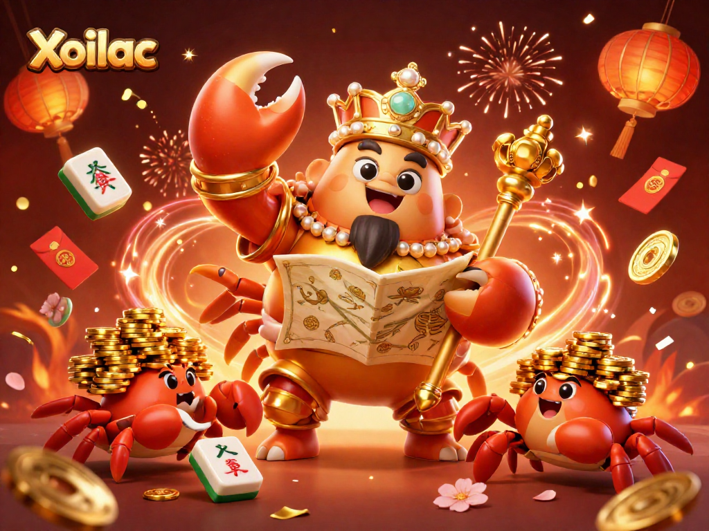 Xoilac golden crab emperor ruling over a bustling casino scene filled with vibrant gambling elements.