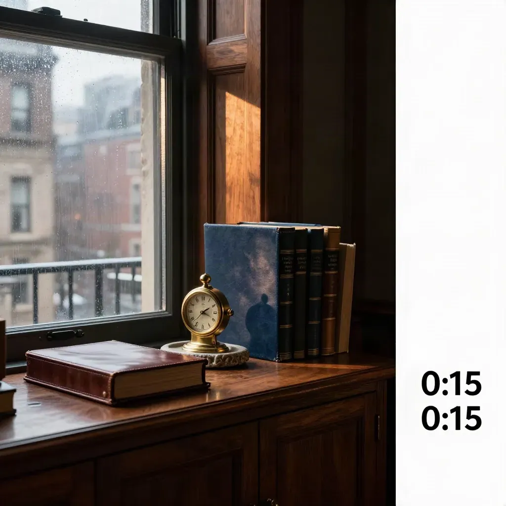 Rain-darkened wealth library corner with walnut credenza, brass timepiece, and glowing city window.