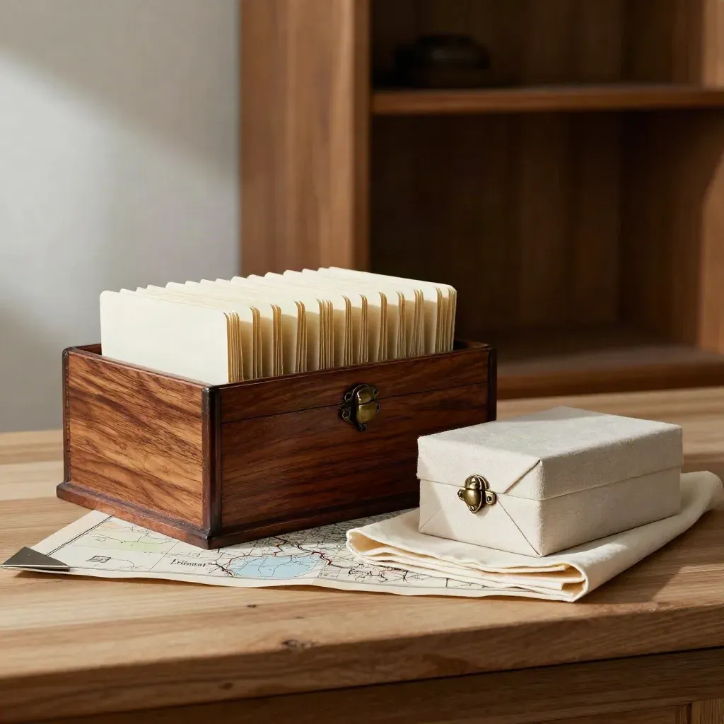 Estate planning still life with archive chest, file tabs, and sealed heirloom box on pale wood.