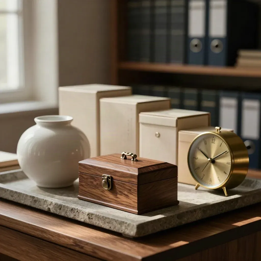 Walnut cash box, ceramic vessel, brass clock, and archive boxes in a warm study by window light.