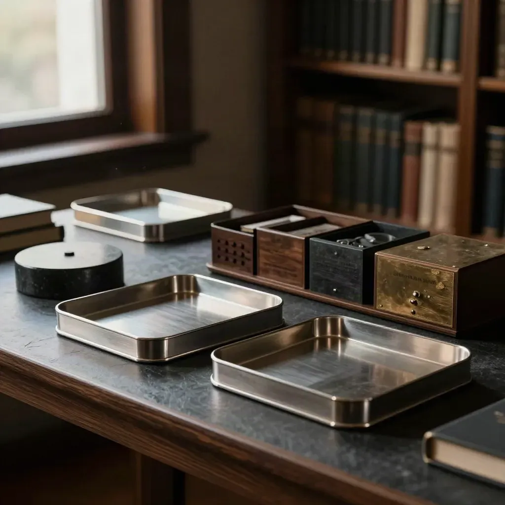 Brushed trays, stone weight, and walnut portfolio objects balanced on a low shelf.