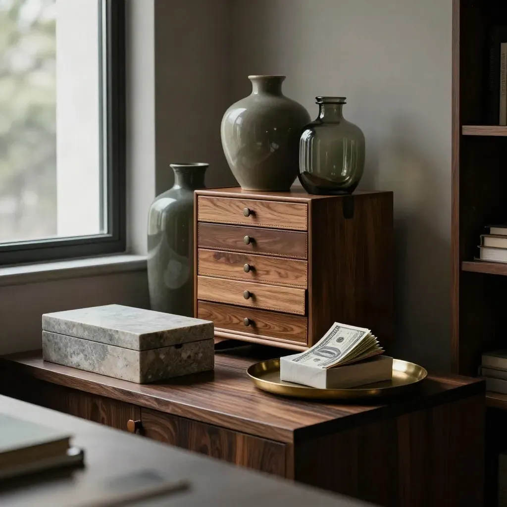 Moody home office cash-flow planning scene with drawers, reserve vessels and stone.