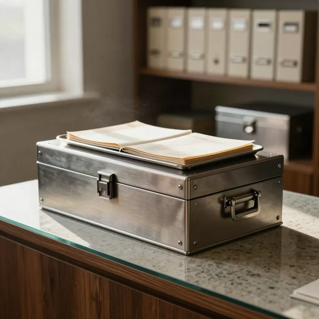 Macro of a private office capital setup with a vault box, reserve shelf and silver tray.