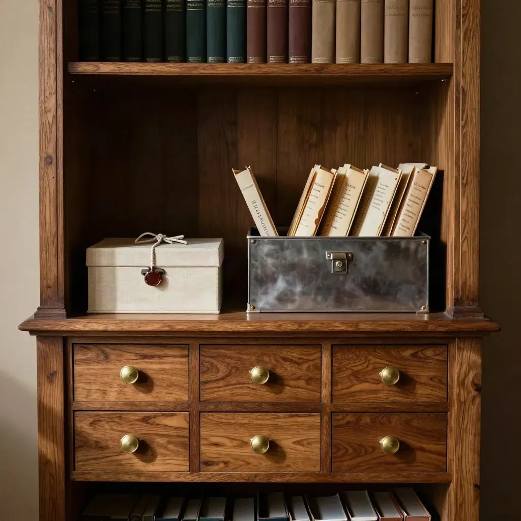 Heritage library shelf with income drawers, trust box and giving materials ready for handoff