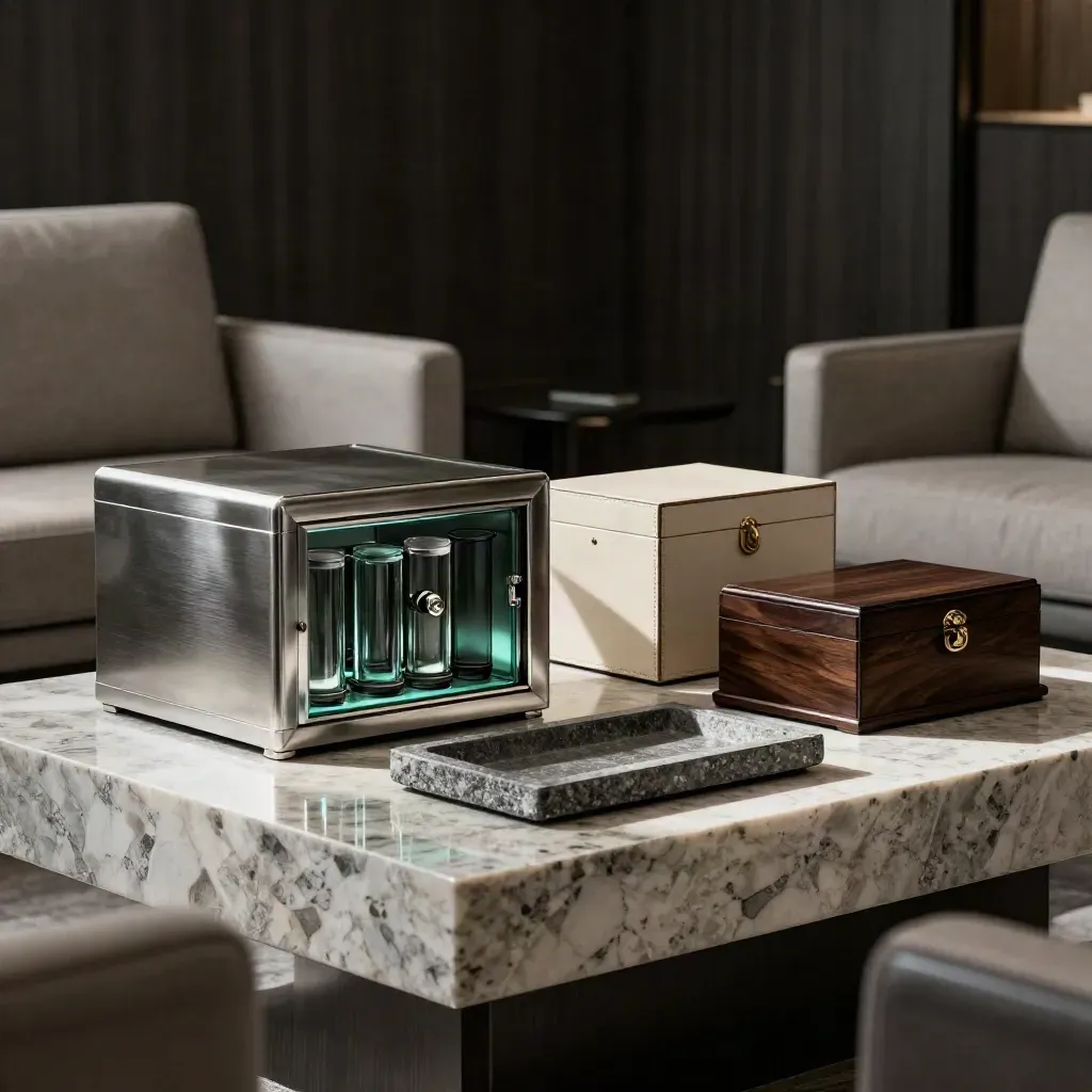 Moody sitting room with glass reserve vessels, stone tray, and a cash vault box.