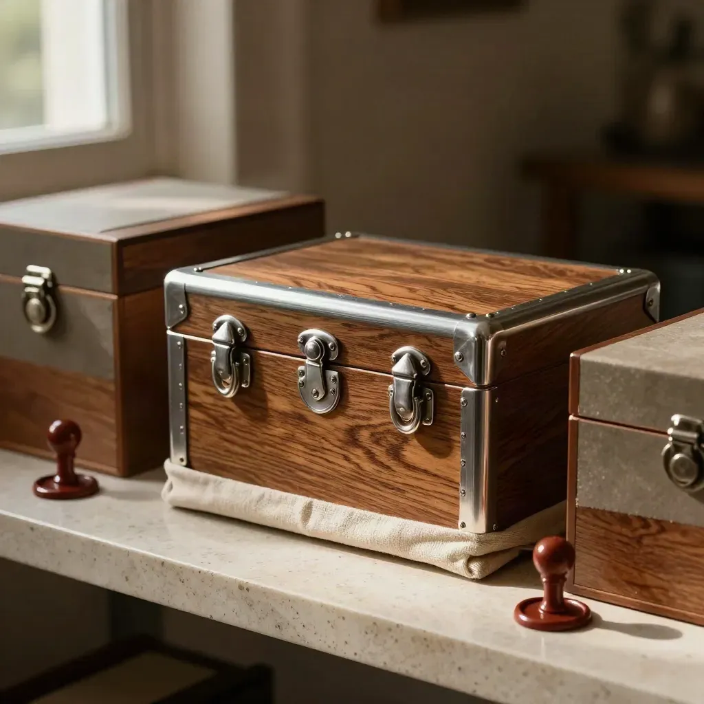 Walnut estate chest with silver latches beside aligned archive boxes on travertine.