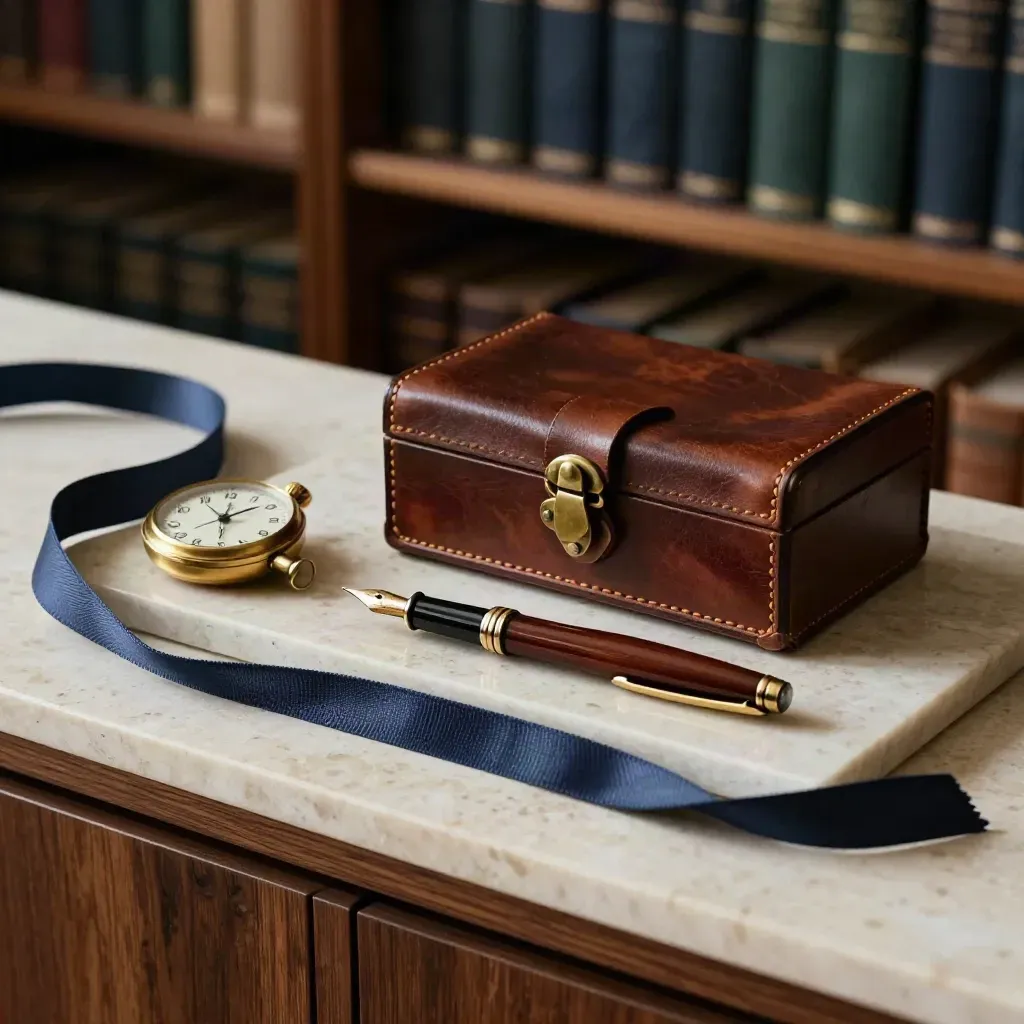Brass timepiece, leather archive box, fountain pen and stone tray on travertine in a quiet advisory study.